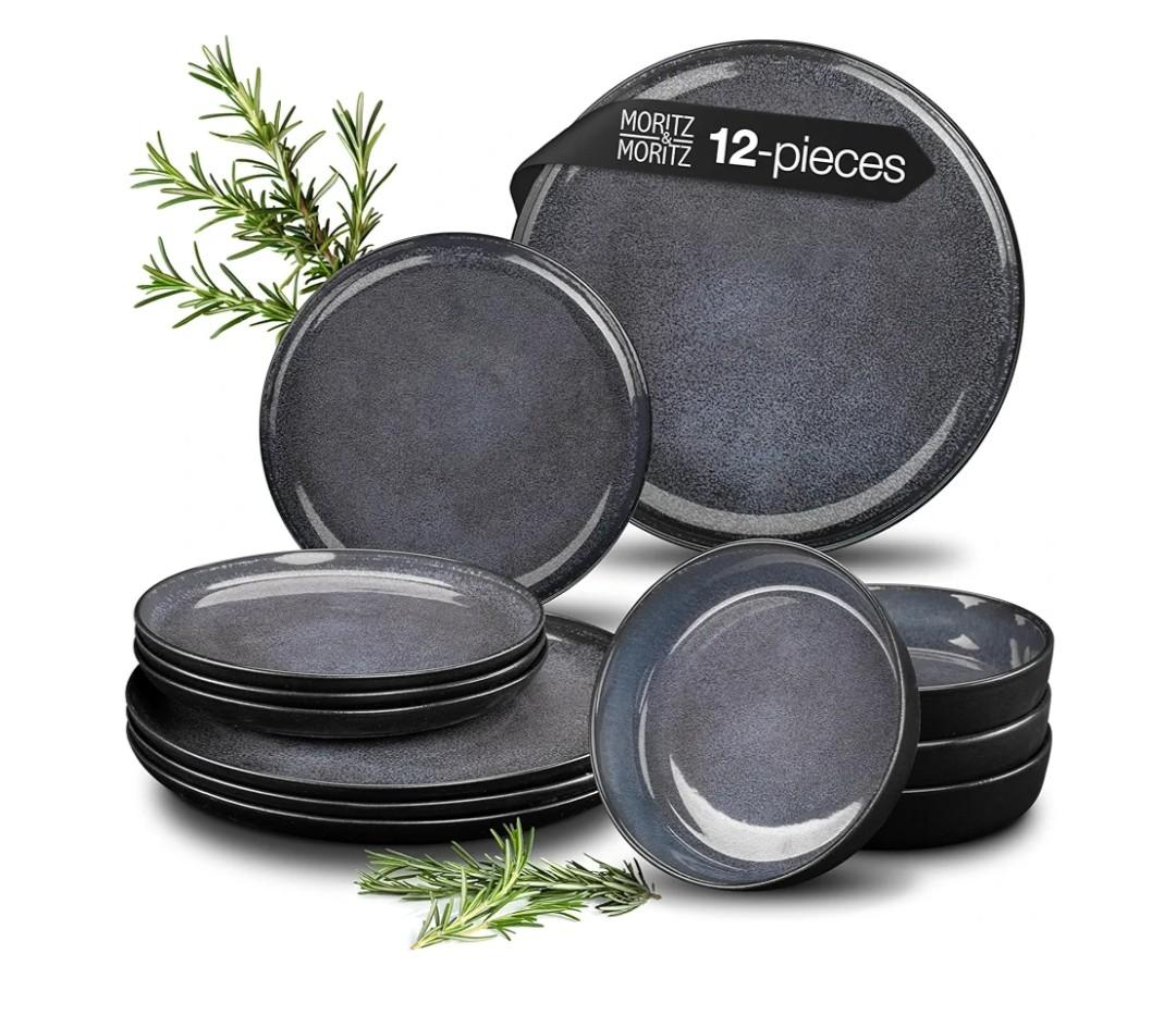 VIDA 12-Piece Porcelain Dinnerware Plate Set for 4 | Includes 4 Dinner Plates, 4 Dessert Plates, 4 Bowls | Modern Blue Ceramic Tableware, Stoneware Look, Microwave & Dishwasher Safe Dishes