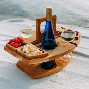 Folding Wooden Picnic Table with WineGlass Holder - Portable Camping Table for Beach, Park & Outdoor Use, Champagne and Beverage Stand