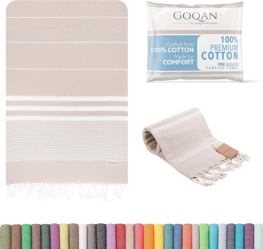 2 x GOQAN Turkish Beach Towel Oversized 39x71 | Thin, Lightweight, 100% Cotton and Sand Free Towel is Suitable for Beach, Bathroom, Pool, Travel & Swim | Odor Free Thanks to Quick Dry Property - Beige