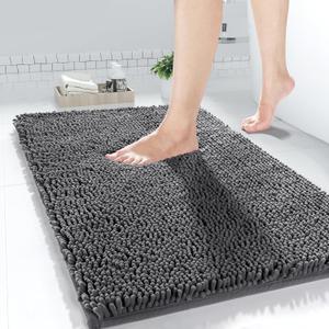 Yimobra Chenille Bathroom Rugs - 24"x17" Super Luxury Soft & Absorbent Quick Dry - Non Slip Bath Mat for Tub Shower - Machine Washable - Dark Gray