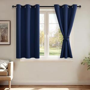 JIUZHEN Blackout Curtains with Tiebacks - Thermal Insulated, Light Blocking and Noise Reducing Grommet Curtain Drapes for Bedroom and Living Room, Set of 2 Panels, 42 x 45 Inch Length, Navy Blue