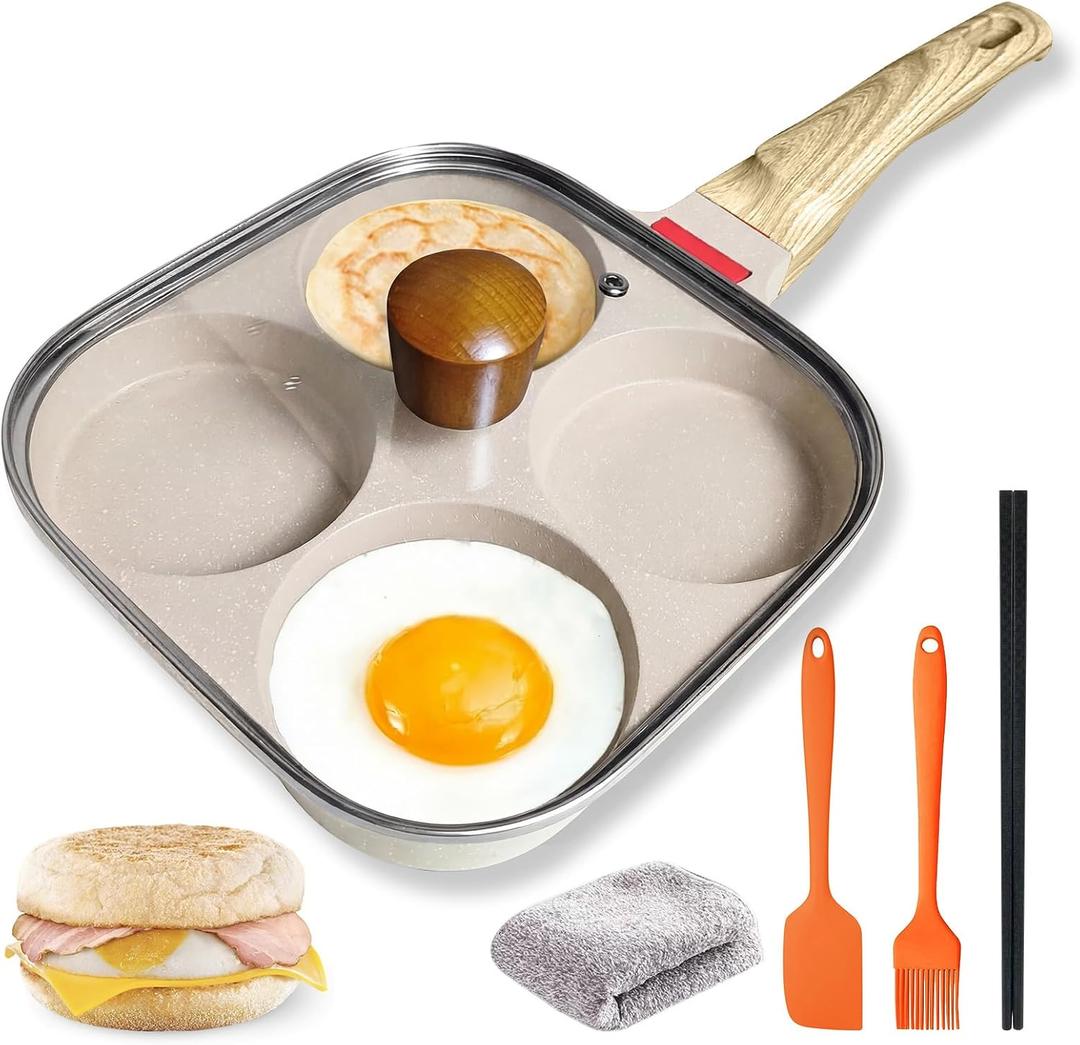 4Cup Nonstick Egg Pan Set with Lid Aluminum Omelette Skillet for Breakfast, Includes Silicone Scraper, Oil Brush, Chopsticks & Cleaning Cloth Compatible with Gas & Induction Cooktops (White)
