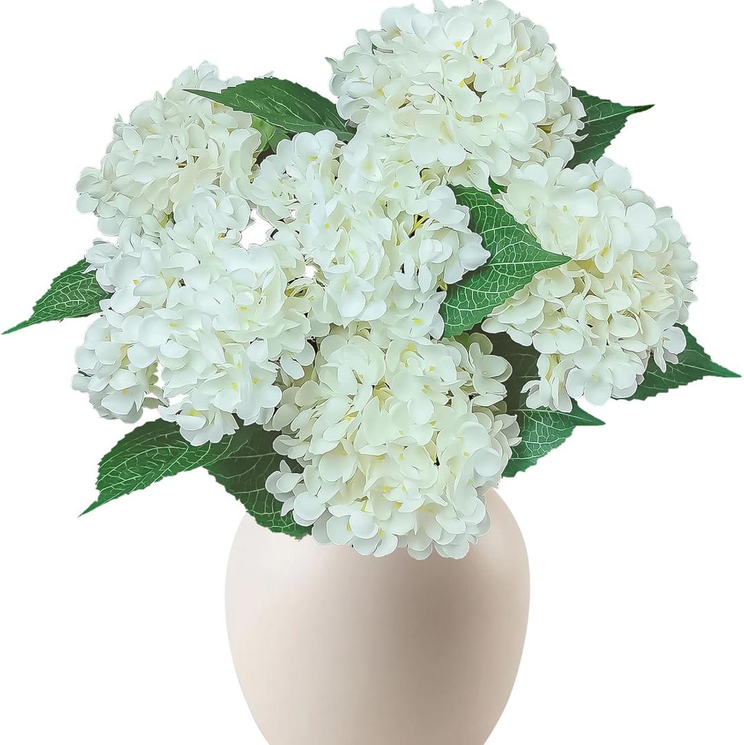 6PCS White Hydrangea Artificial Flowers Bouquets, Bulk Silk Hydrangea Heads with Stems, Fake Hydrangeas Flowers Arrangement, Faux Floral Decor for Home Wedding Party