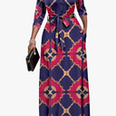 Runwind Women Church Maxi Dresses 3/4 Sleeve Button Down Print Casual Office Dress African L