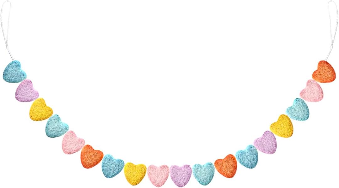 Breling Felt Heart Garland Banner 5.25 Feet Long String of Hearts Garland 18 Handmade Valentines Decorations for Gothic Bridal Shower Party Wedding Wall Decors (Macaron)