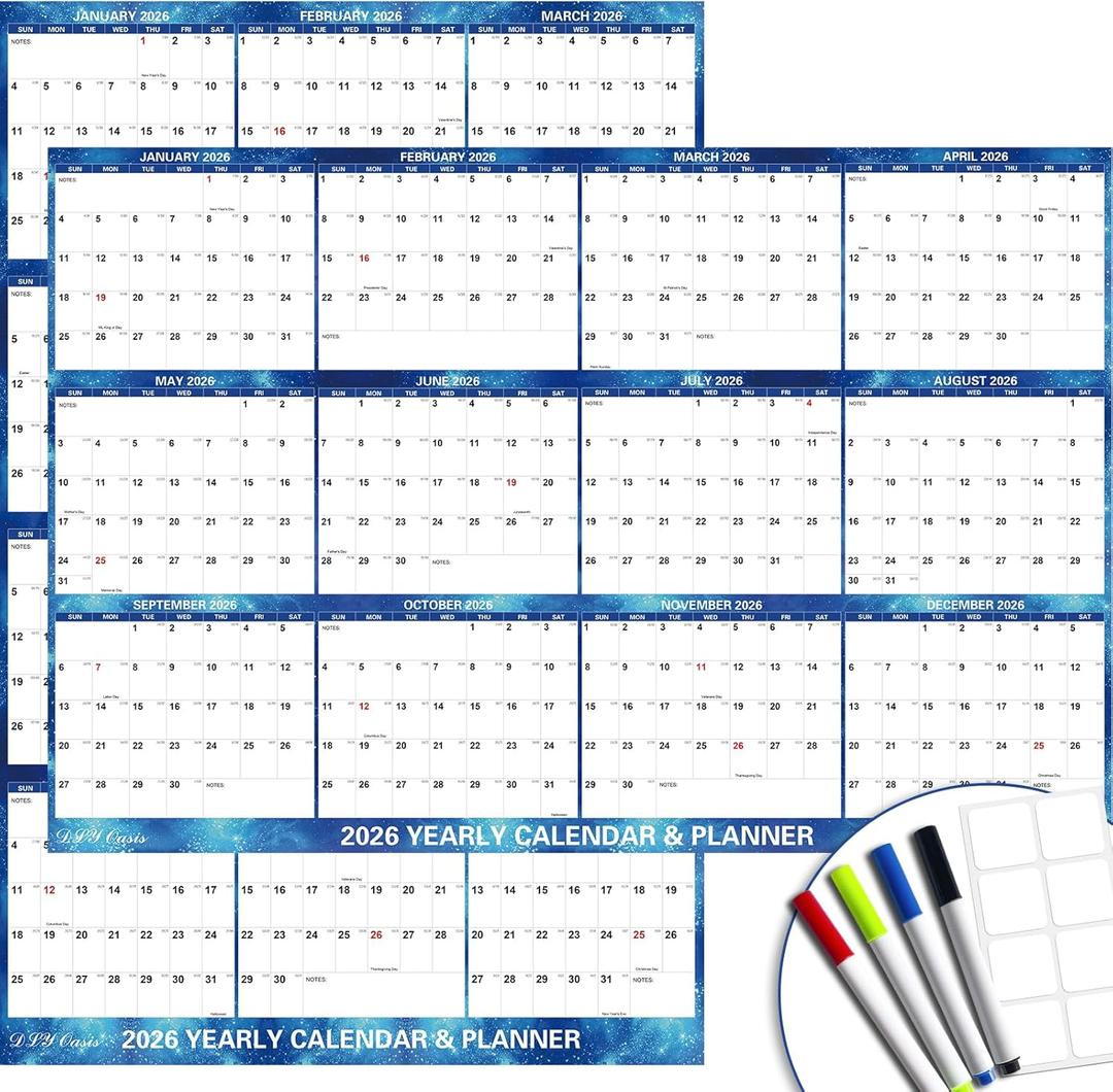 24" x 36" 2026 Wall Calendar Dry Erase - Large Starry Sky Wall Calendar Wet & Dry Erasable Laminated 12 Month Annual Yearly Planner, Reversible, Horizontal/Vertical, Blue