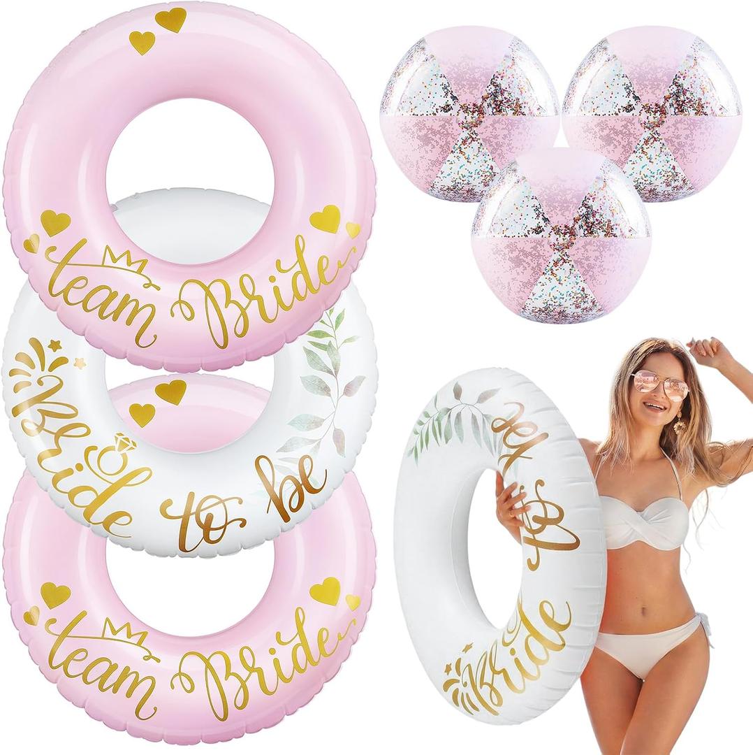 6 Pcs Bachelorette Pool Floats 36 Inch Team Bride Inflatable Ring Tubes 16 Inch Bride Beach Balls Pink and White Bachelorette Party Decorations for Bridal Shower Stagette Engagement Summer