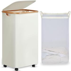 efluky Laundry Basket with Wheels, Tall Rolling Laundry Hamper with Lid and Removable Bag, Aesthetic Dirty Clothes Hamper on Wheels for Laundry Room, Bedroom, Dorm and Bathroom, 100L Beige