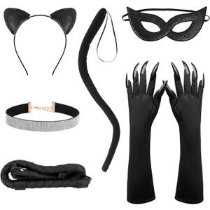 4/6Pcs Halloween Cat Woman Costume Accessories, Black Cat Mask Cosplay Costume for Women, Faux Leather Gloves Necklace Outfit