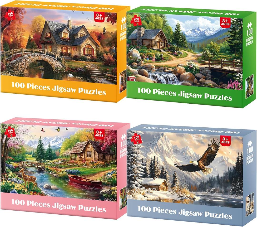 4-Pack 100 Piece Puzzles for Seniors Country Life Large Piece Puzzles for Seniors Puzzle Dementia Alzheimer's Products Activities for Elderly Adults Kids Puzzle for Kids Ages 6-10