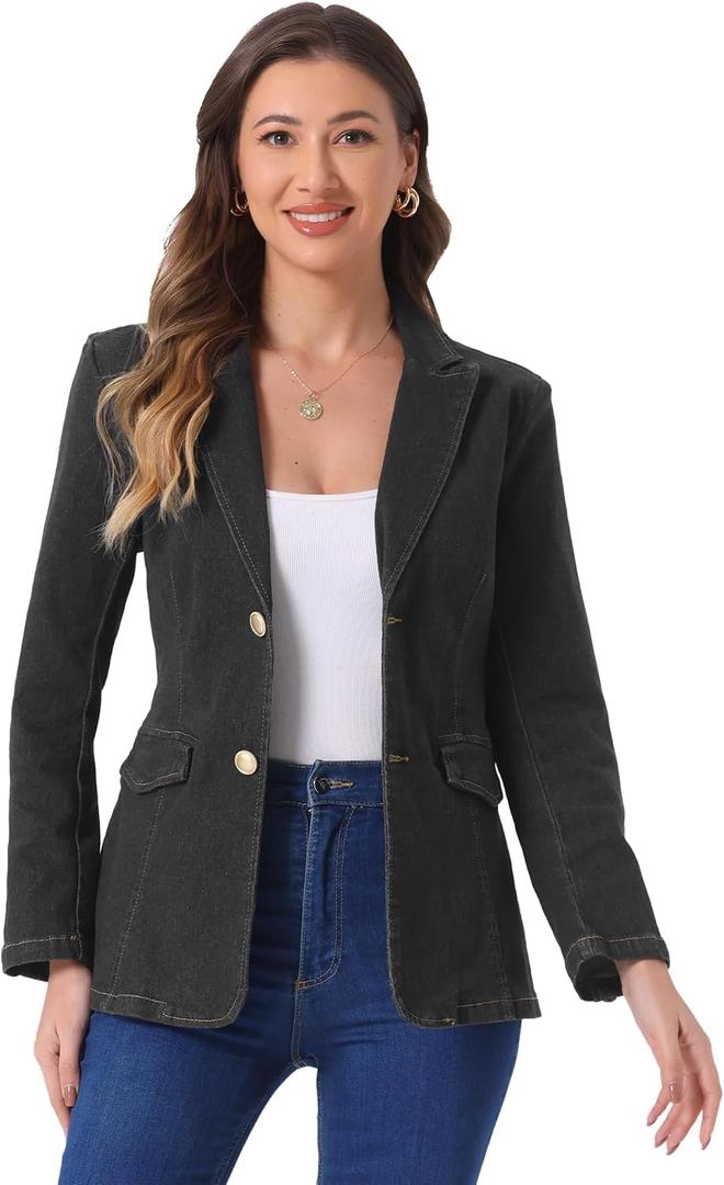 Allegra K Notched Lapel Denim Blazer for Women's Casual Work Long Sleeve Shoulder Pad Jean Jackets, Small