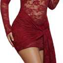 acelyn Womens Sexy Floral Lace Bodycon Mini Dress Long Sleeve Mock Neck Cocktail Party Birthday Club Dress (Red, L)