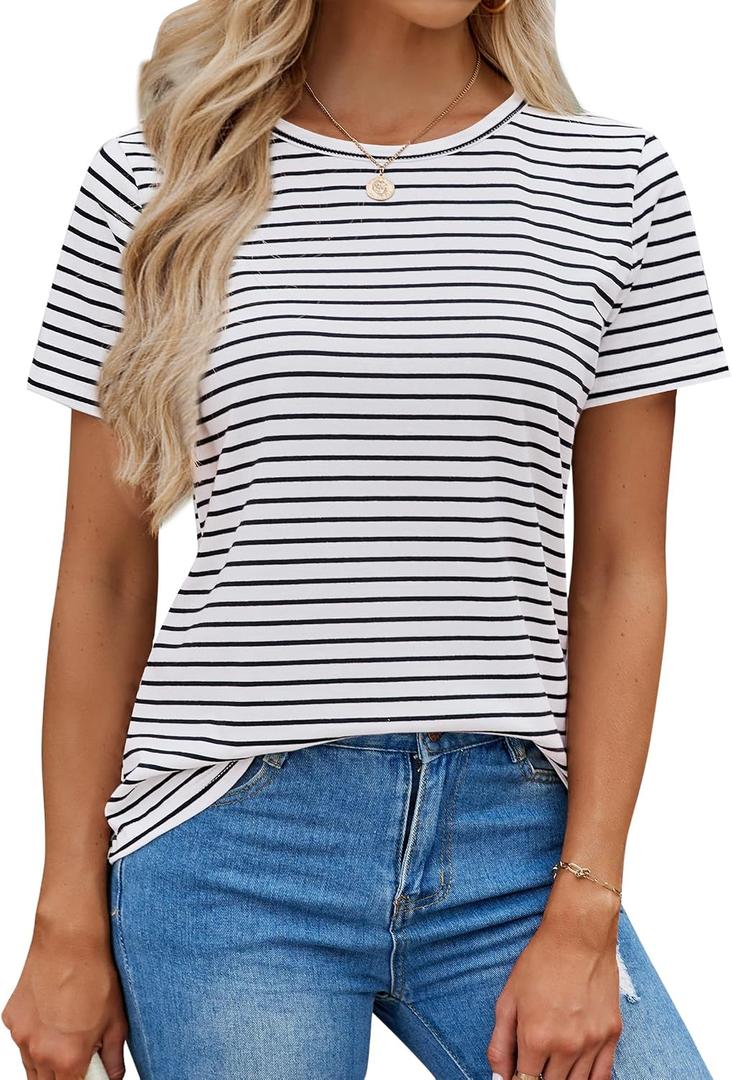 LilyCoco Womens Short Sleeve Shirt Striped Crewneck Tops Black X-Large (White, XL)