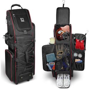 LIWSHWZ Rolling Baseball Bag,71L Capacity Catchers Bag for 7 Bats with Separate Shoe Space,Wheels Baseball Equipment Bag with Fence Hook and Multiple Pockets for Baseball Glove,Bat,Helmet