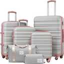 LONG VACATION 6 Piece Luggage Set Carry on Suitcase with ABS+PC hardshell, Spinner Wheels & YKK Zipper TSA Lock (GREY-PINK, 6 piece set)