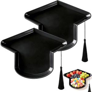 Wehhbtye 2 Pcs Graduation Cap Serving Trays, Fillable Grad Cap Serving Dish with Tassel, Reusable Plastic Graduation Hat Food Container for 2026 Graduating Party Supplies Table Decoration (Black)