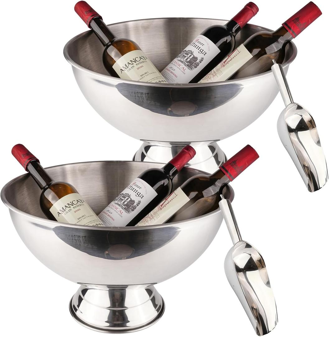 Large Ice Bucket 13L Stainless Steel Champagne Bowl Ice Bucket with Ice Scoop Semicircle Drink Tub with Integrated Base Silver Beverage Tub for Parties, Cocktail Bar, Chilling Wine (2 packs)