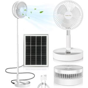 Portable Standing Fan with Solar Panel, Battery & Solar Powered Fan for Travel, 8" Rechargeable USB Foldable Compact Pedestal Fan, 3 Speeds Quiet Telescopic Desk Fan for Home Bedroom Camping