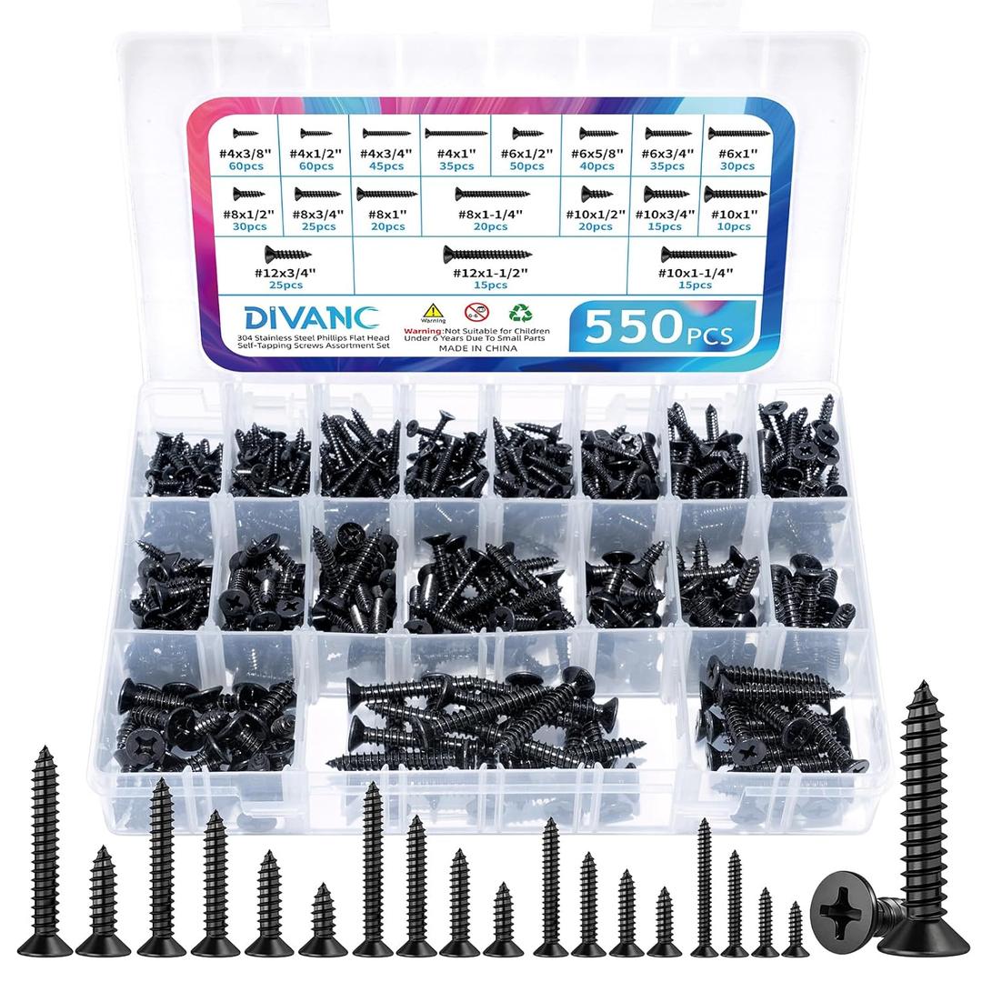 550Pcs 304 Stainless Steel Wood Screws Assortment Kit, Phillips Flat Head Sheet Metal Screws Self Tapping Screws Set, #4#6#8#10#12 Wood Assorted Screw (Black-Flat Head 550PCS)