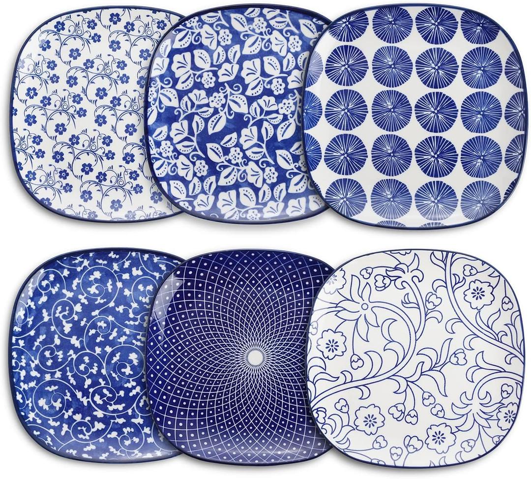 Selamica Porcelain Square Dessert Salad Pasta Plates 7.6 Inches Ceramic Plates Set of 6 Microwave/Dishwasher/Oven Safe, Vintage Blue