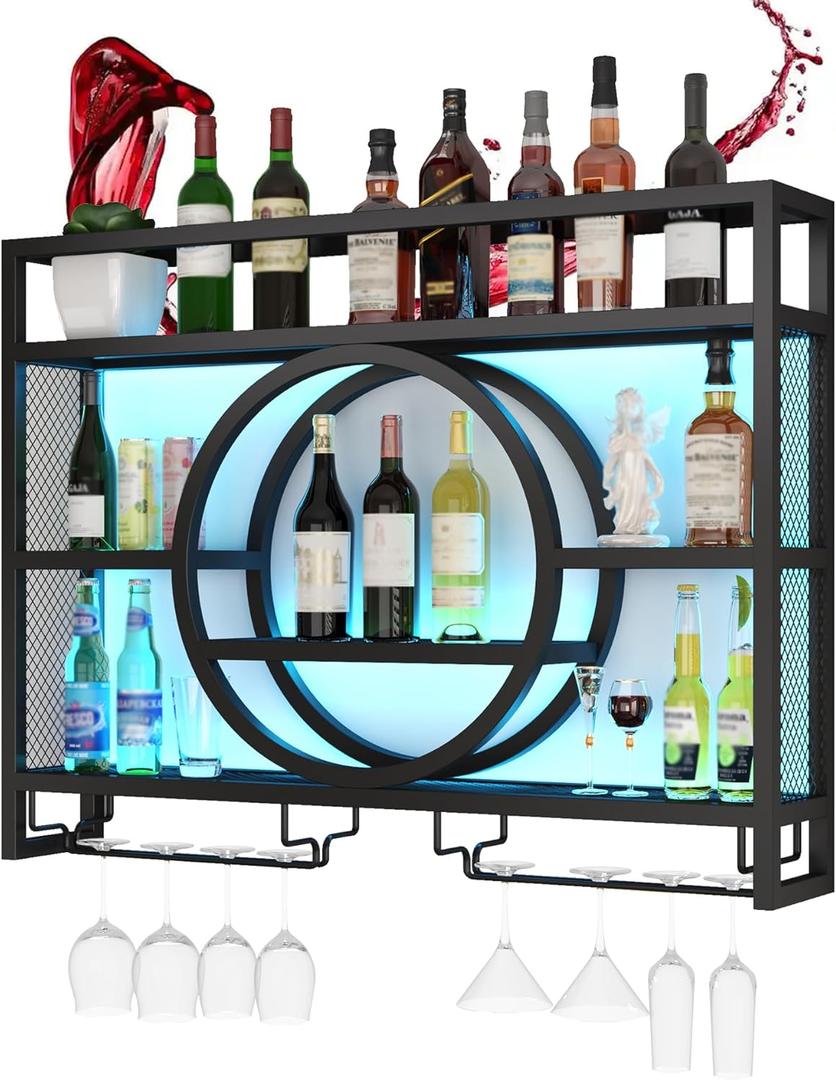 Rack Wall Mounted with Glass Rack Floating Bar Shelves for Liquor Bottles with LED Light Liquor Bottle Display Shelf Wall Bar Cabinet Mini Bar for Home Bar Dining Room Kitchen Living Room(Bl (100 cm (39.37 in))