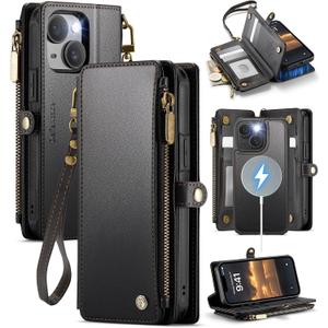 Defencase for iPhone 15 Magnetic Wallet Case Compatible with Magsafe with RFID Blocking Zipper & Card Holder for Women Men, PU Leather Strap Detachable Phone Case for iPhone 15 (6.1 inches), Black