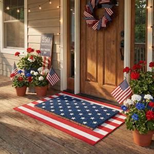 Breling 2 Pcs 4th of July Door Mat Set, Layered Thick Mats Combo with Blue Star Red Stripe American Flag Design for Independence 250 Anniversary Memorial Day Doormat for Front Porch Outdoor