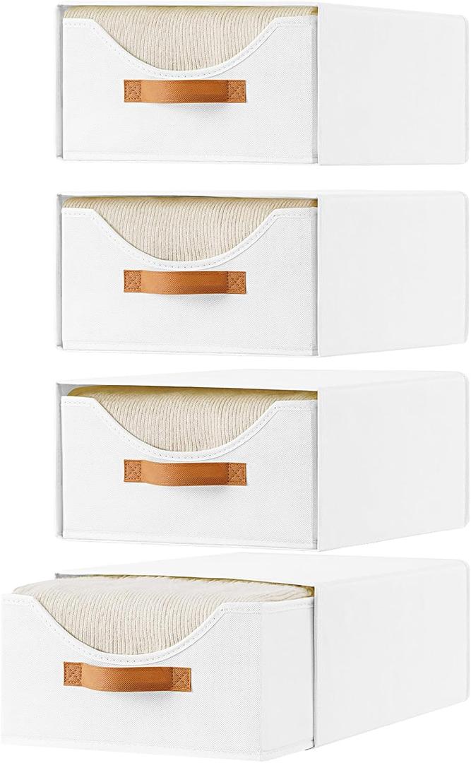 4 Pcs Closet Drawers and Large Size Clothes Storage Bins Push-Out Storage Stackable Shelf Drawers with See-Through Window Closet Organizers for Bedroom, Living Room, Under Bed, White