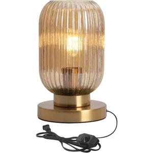Bedside Table Lamp Dimmable Mid Century Modern Lamp Glass Table Lamps Globe Gold Desk Lamp Nightstand Light with Amber Pumpkin Design Ribbed Glass Shade for Bedroom Living Room Office, Amber 