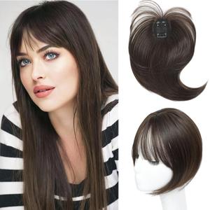 Chestnut Brown Hair Topper Clip in Bangs, 360 3D Cover, 10 Inch, 100% Human Hair, Straight, Lightweight, Comfortable, Bangs, WIG