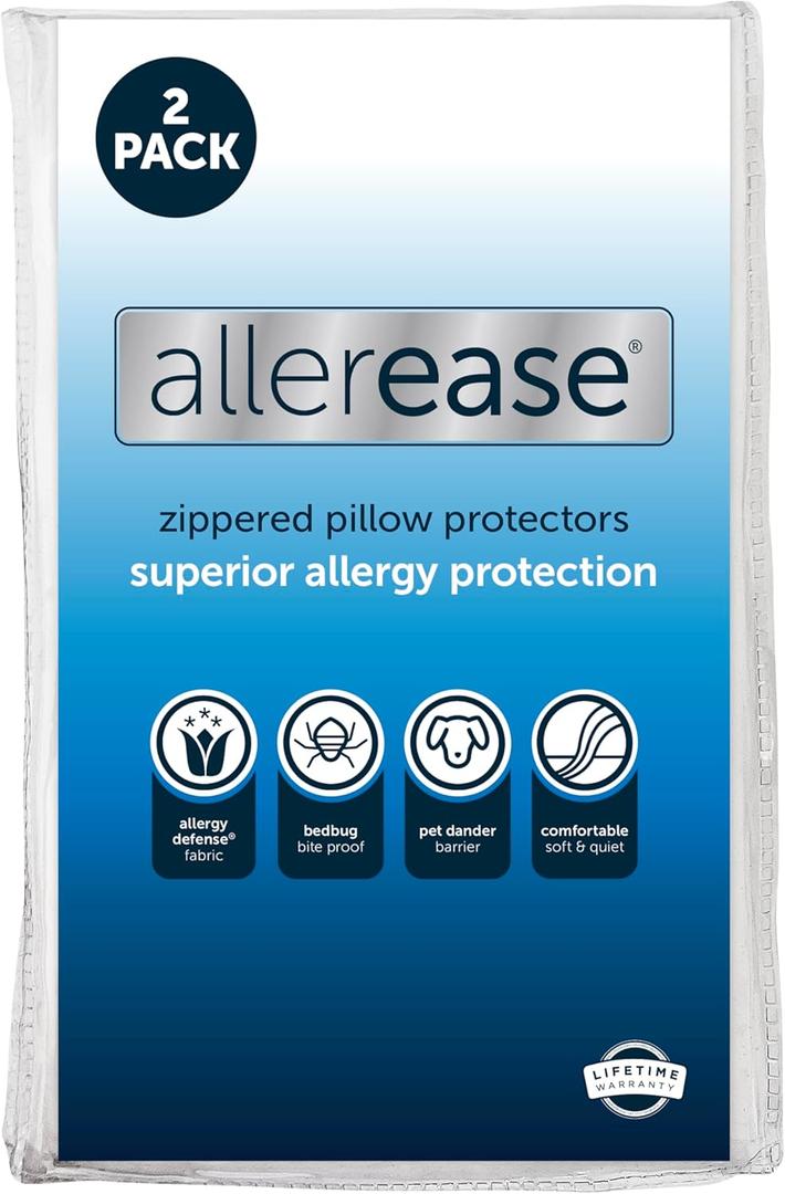 Set of 2 Standard/Queen AllerEase Pillow Protectors - Moisture Wicking, Advanced Allergy Protection - Premium Polyester, Zippered Protectors