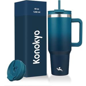 Konokyo 40 oz Tumbler with Handle and 2 Straws,2 in 1 Lid Insulated Water Bottle Stainless Steel Travel Coffee Mug,Indigo Black