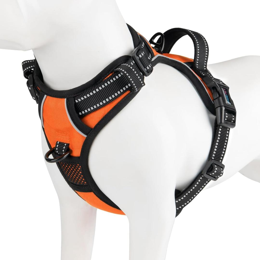 PHOEPET No Pull Dog Harness Medium Reflective Front Clip Puppy Vest with Handle, Adjustable 2 Metal Leash Attachment Hooks(M, Orange)