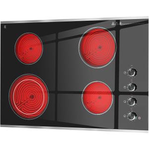Electric Cooktop 30 inch 4 Burner, 6700W Built-in Radiant Electric Stove Top with Knob Control, Electric Ceramic Stove Cooktop with 11 Level Power Adjustable, 220-240V, Hard Wire, 4 Zones / 30 Inch / No Plug / Knob