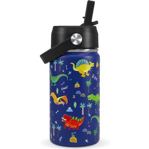 Dinosaur Kids Water Bottle With Straw Lid,14 oz Stainless Steel Travel Bottle,Double Wall Leak Proof Kids Cup,Insulated Tumbler for Toddlers,Metal Bottle for School Boys Girls