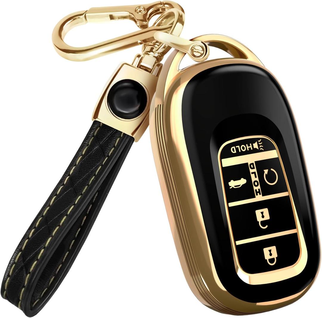 Lucrum Compatible with Honda Key Fob Cover & Leather Keychain - TPU Keyfob Case for Accord Civic CR-V HR-V Pilot Ridgeline, For 5 Button Remote (2022-2026) - Black and Gold