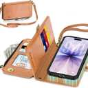 TUCCH Removable Crossbody Case Wallet for iPhone 17 (6.3-inch) 2025, Wireless Charging, RFID Blocking 9 Card Slots, Lanyard, Wrist Strap, Zipper Pocket, PU Leather, Stand Magnetic Cover, Light Brown