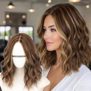 AISI HAIR 14 Inch Chestnut Brown with Golden Blonde Highlights Wigs for Women, Middle Part Natural Wavy Bob Synthetic Heat Resistant Fiber for Daily and Party