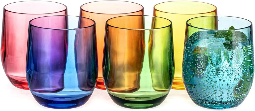 14oz Colorful Thick Stemless Wines Cups (Set of 6), Shatter-Proof Acrylic Old-fashioned Glasses, Reusable Plastic Bar Glasses, BPA-Free, Dishwasher-Safe