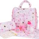 BABESIDE 10 Pcs Baby Doll Diaper Bag Set, Reborn Baby Doll Accessories Set with 2-in-1 Diaper Bag Changing Pad and Baby Dolls Bath Set for Kids Pretend Play Toys, Pink