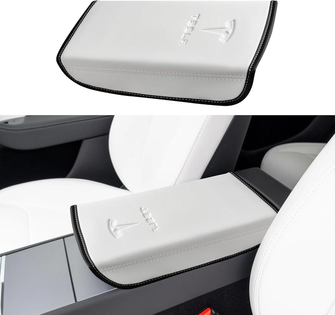 Center Console Leather Armrest Cover Designed for 2024-2026 Refresh Model 3 Highland/Model Y Juniper,Center Console Accessories for Tesla Model 3/Y 2025 Interior Accessories White