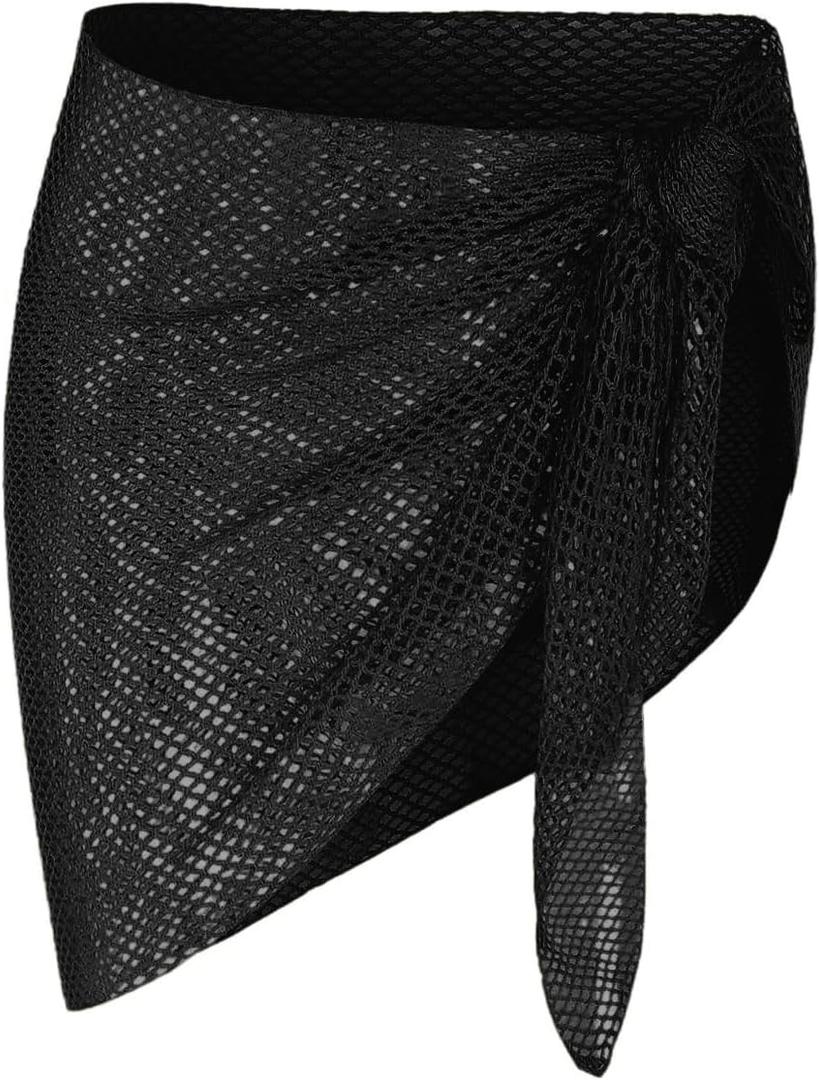 ZAFUL Sarong Coverups for Women Beach Vacation Fishnet See Thru Tie Side Bathing Suit Cover Up Mini Skirt (1-Black, One Size)