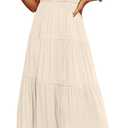 MEROKEETY Women's Flutter Sleeve Smocked Midi Dress V Neck Casual Tiered Dresses with Pockets, Beige, S