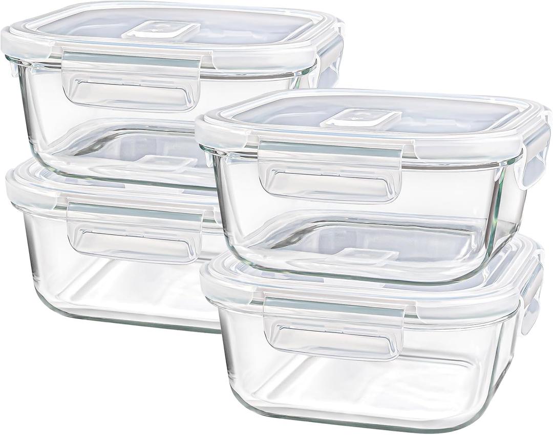 Sandwich Containers/Box for Lunch, 24 oz Freezer Safe Borosilicate Glass Food Storage Containers, 3 Cup Square Glass Containers with Lids, Small Glass Freezer Yogurt/Cereal Bowls for Meal Prep, 4 Pack