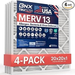 BNX TruFilter 20x20x1 MERV 13 (4-Pack) AC Furnace Air Filter - MADE IN USA - Electrostatic Pleated Air Conditioner HVAC AC Furnace Filters - Removes Pollen, Mold, Bacteria, Smoke