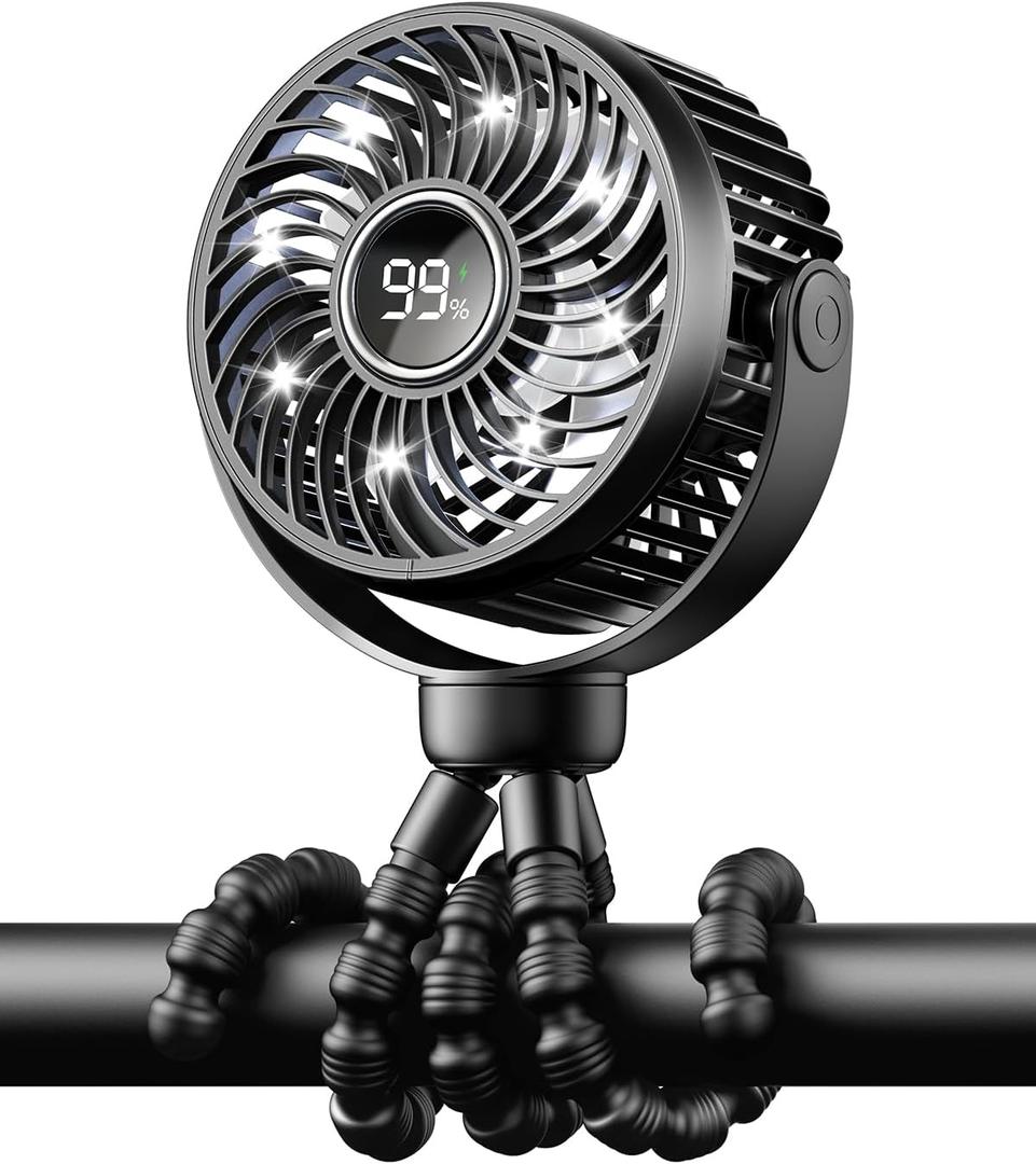 Mini Portable Stroller Fan for Travel,360 Rotation,4-Speed LED Night Light Clip on Fans Operated by Rechargeable Battery, Baby Essentials for Car Seat Beach Bed Golf Cart (Black)