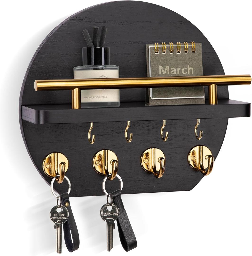 Nekon Key Holder for Wall - 9.8 Inch Apartment Wall Decor with Shelf and 8 Key Hooks, Circular Wood Key Hanger for Home Decor (Black with Golden Hooks)
