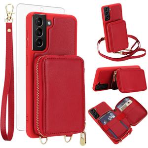 Phone Case for Samsung Galaxy S21 FE 5G Wallet Cell Cover with Tempered Glass Screen Protector Crossbody Strap Lanyard RFID Blocking Card Holder S 21 EF S21FE5G UW S21FE 21S G5 6.4 inch Women Men Red