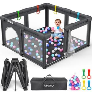 Baby Playpen Foldable Playpen for Babies and Toddlers, Large Playpens Portable Play Pen Play Yard for Kids Fence Indoor Outdoor Travel 4 Handlers 50 Balls Baby Gifts Essentials 50"X50" Dark Grey