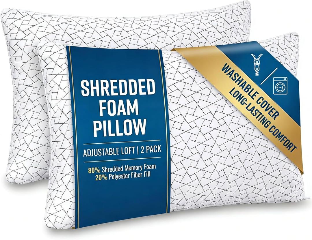 Meoflaw Adjustable Memory Foam Pillows: 2 Pack Queen Size Shredded Foam Bed Pillow for Sleeping with Removable & Washable Pillowcase for All Sleep Positions